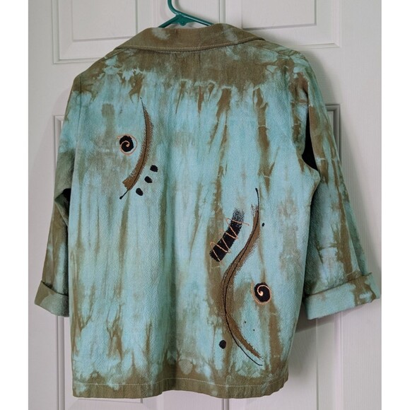 VTG Art-To-Wear Blazer Jacket Womens Medium Turquoise Beige Toggle Closure Boho - Picture 6 of 8